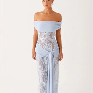 Peppermayo Light Blue Lace Off-Shoulder Dress